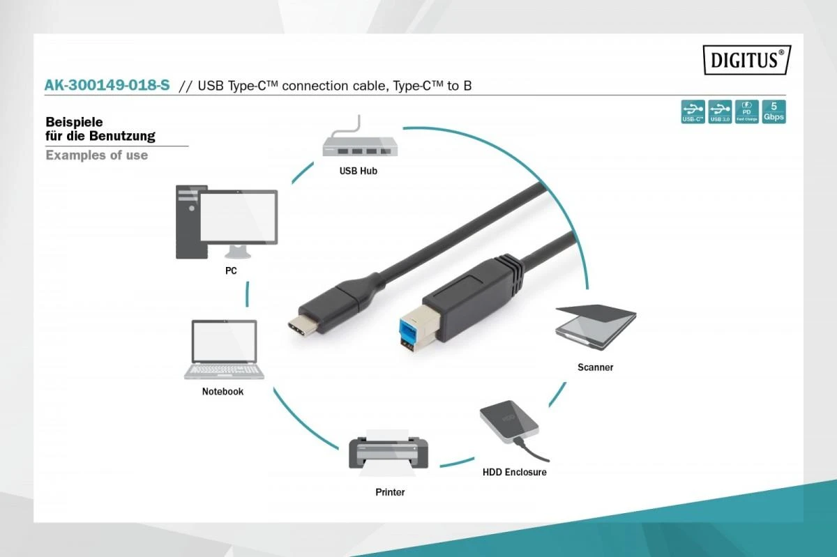Assmann Electronic ASSMANN USB Type-C jungties kabelis tipas C iki B M/M 1.8m 3A 5GB 3.0 Versija CE bl