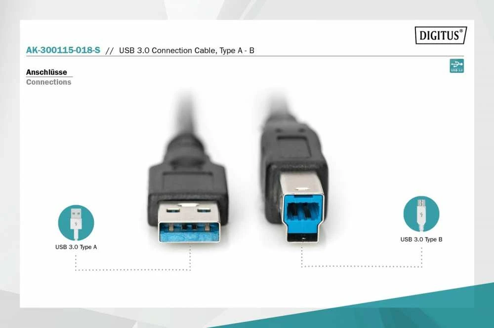 Assmann Electronic Kabelis USB Digitus USB-A - USB-B 1.8 m Juodas (AK-300115-018-S)