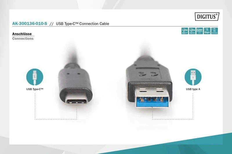 Assmann Electronic ASSMANN USB Type-C jungties kabelis, tipas C iki A M/M 1,0 m Super Speed bl