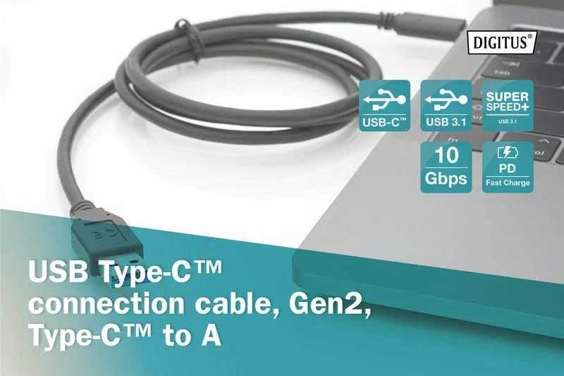 Assmann Electronic ASSMANN USB Type-C jungiamasis kabelis Type C iki AM/M 1,0m visas funkcijas Gen2 3A 10GB 3.1 Version CE bl