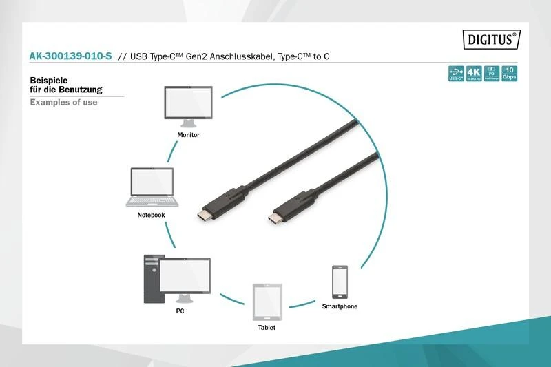 Digitus Skaitmenas | USB tipo C jungties laidas | AK-300139-010-S | USB-C į USB-C USB Male 3.1 Gen 2 (C tipas) | USB Male 3.1 Gen 2 (C tipas)
