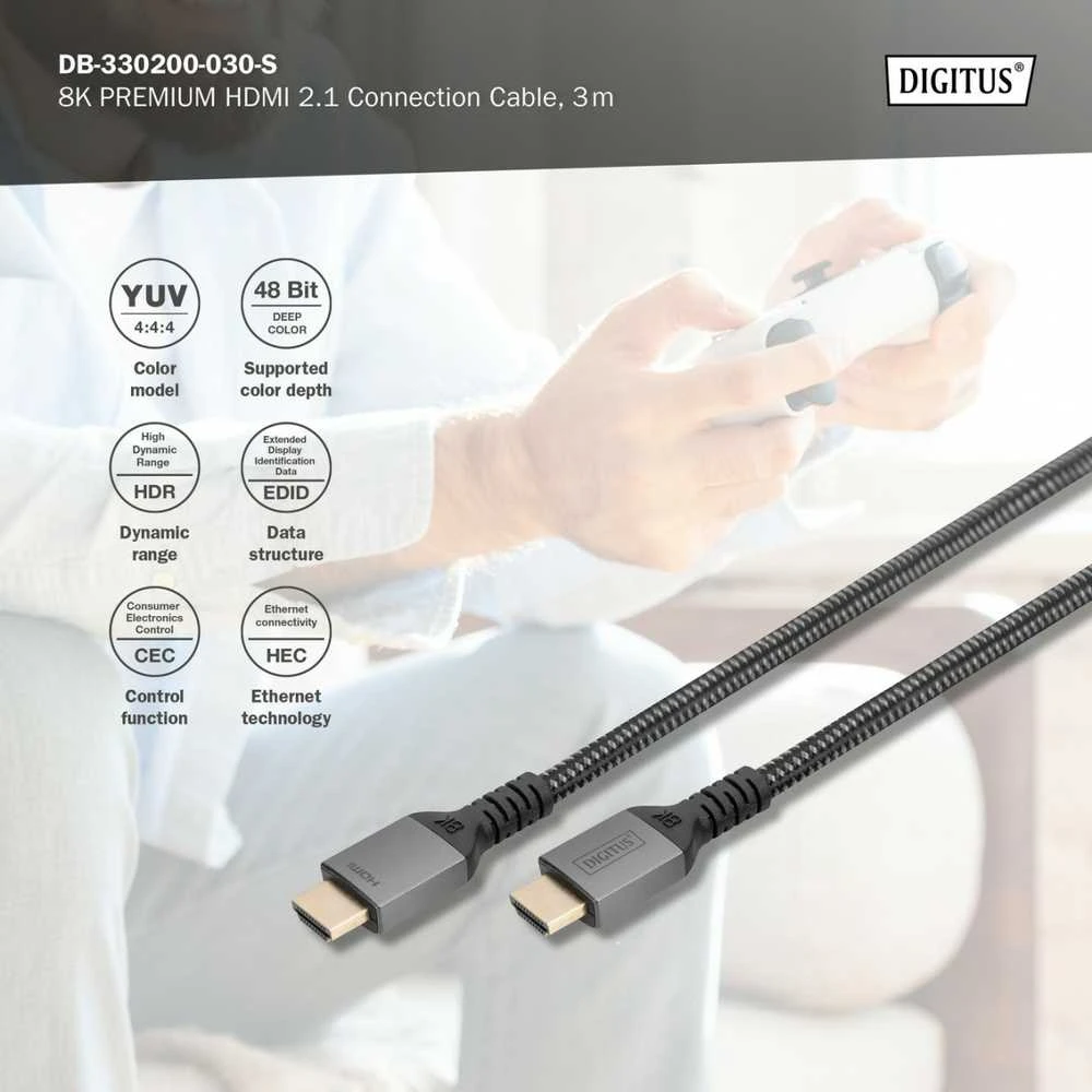 „Digitus“ | 8K PREMIUM HDMI 2.1 jungiamasis kabelis | DB-330200-030-S | HDMI kištukas (A tipo) | HDMI kištukas (A tipo) | HDMI į HDMI | 3 m