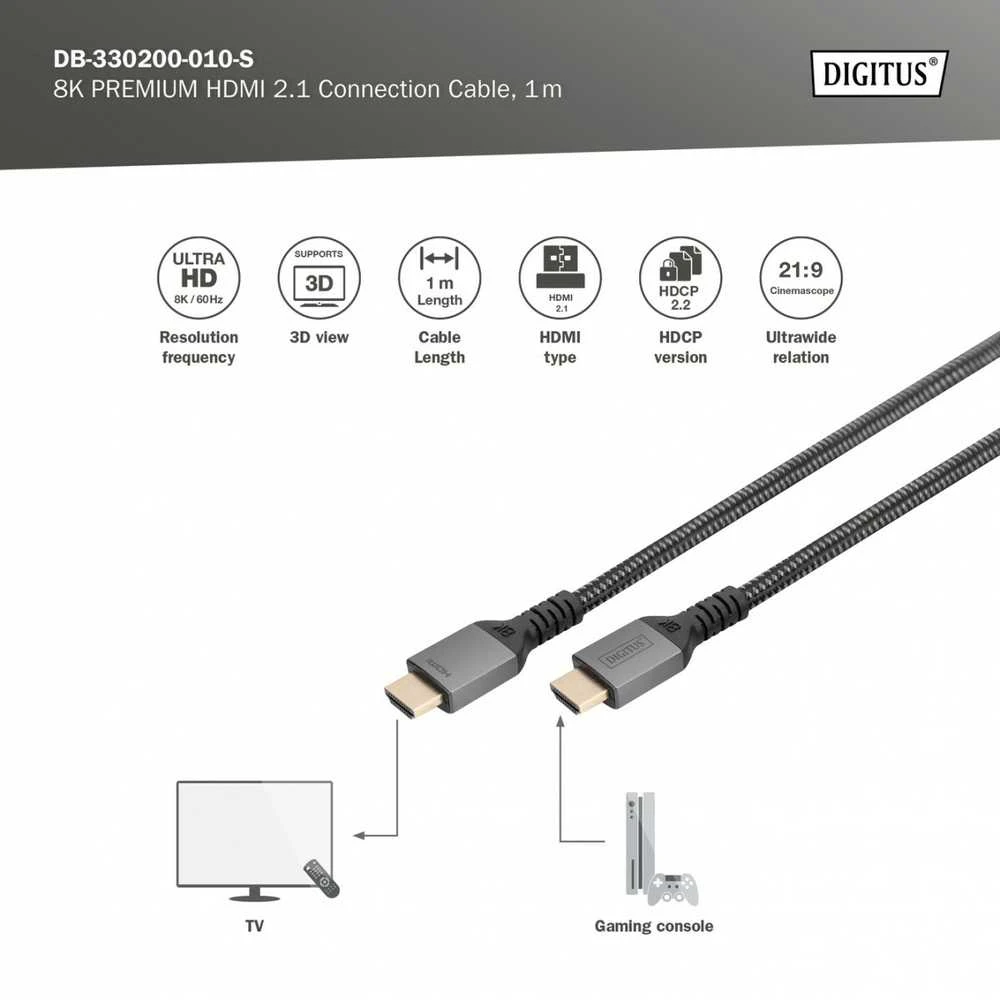 „Digitus“ | 8K PREMIUM HDMI 2.1 jungiamasis kabelis | DB-330200-010-S | HDMI kištukas (A tipo) | HDMI kištukas (A tipo) | HDMI į HDMI | 1 m