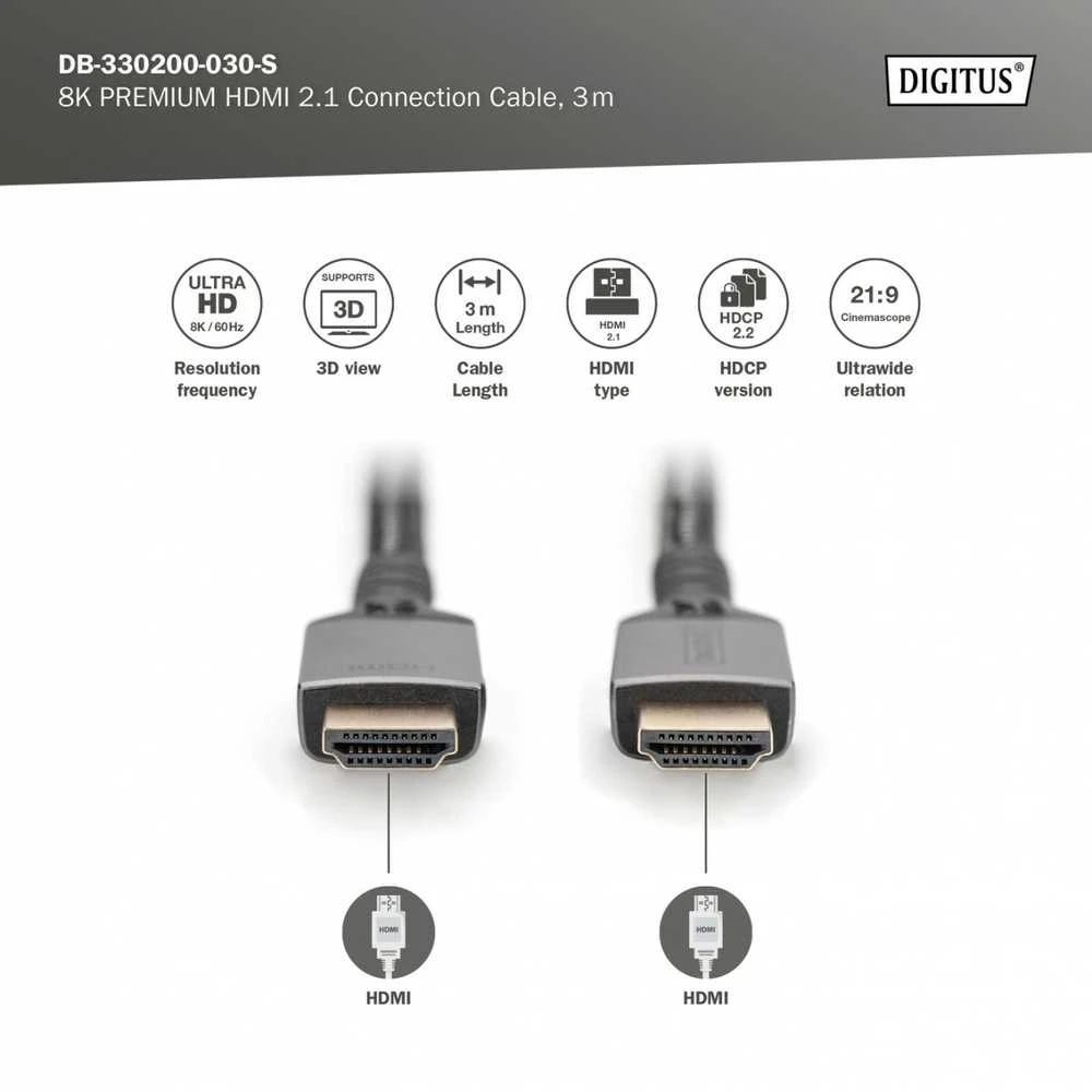 „Digitus“ | 8K PREMIUM HDMI 2.1 jungiamasis kabelis | DB-330200-030-S | HDMI kištukas (A tipo) | HDMI kištukas (A tipo) | HDMI į HDMI | 3 m