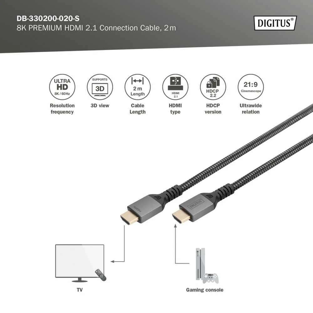„Digitus 8K HDMI“ itin didelės spartos prijungimo kabelis | DB-330200-020-S | 2 m