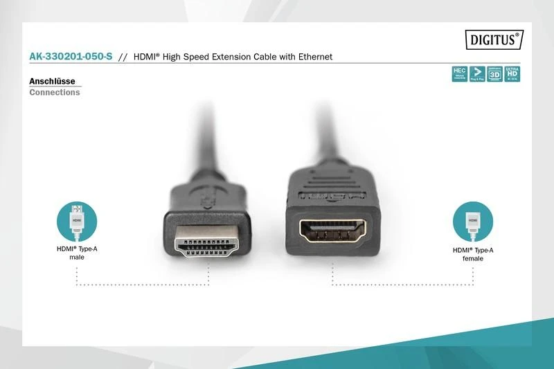 Assmann Electronic Assmann elektroninis DIGITUS HDMI prailginimo kabelis 4K/Ultra HD ir 3D + Ethernet jungtis 5 m