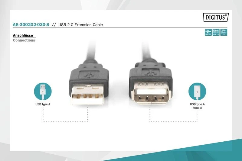 Assmann Electronic ASSMANN USB 2.0 extension cable 3.0m, A M/AF, juodas, AK-300202-030-S