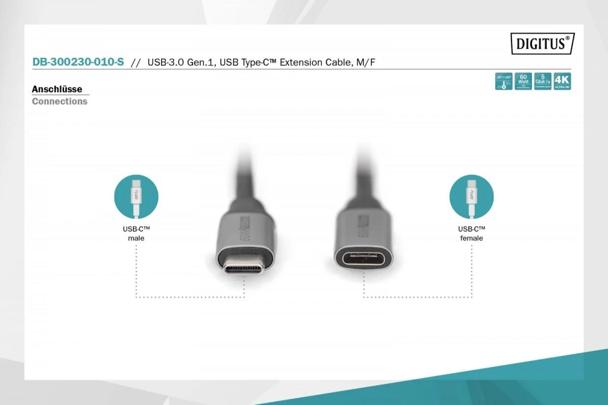 Digitus Skaitmenas | USB-C/M į USB-C/F prailginimo kabelis | DB-300230-010-S | USB-C į USB-C USB C, prijunkite | USB-C lizdas