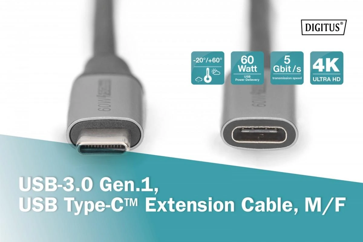 Digitus Skaitmenas | USB-C/M į USB-C/F prailginimo kabelis | DB-300230-010-S | USB-C į USB-C USB C, prijunkite | USB-C lizdas