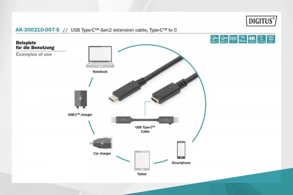 Assmann Electronic ASSMANN USB Type-C ilgintuvo kabelis, tipas C M F 0,7 m, visas funkcijas Gen2 5A 10GB 3.1 Versija CE bl