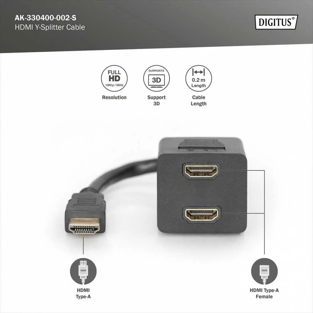 Assmann Electronic DIGITUS HDMI Y skirstytuvo kabelis tipas A -2xtipas A M/F 0,2m pasyvus Full HD auksinis bl