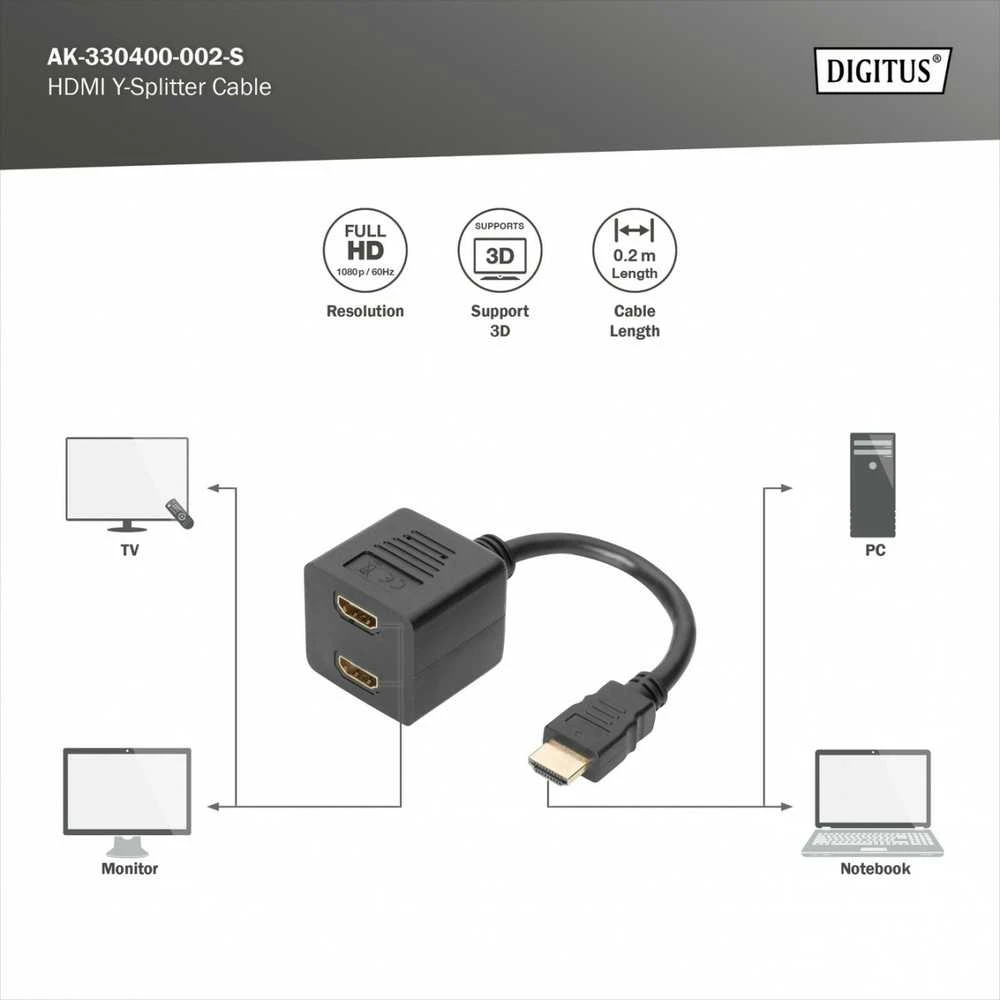Assmann Electronic DIGITUS HDMI Y skirstytuvo kabelis tipas A -2xtipas A M/F 0,2m pasyvus Full HD auksinis bl
