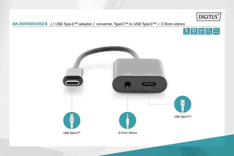 Assmann Electronic ASSMANN USB Type-C skirstytuvo kabelis, tipas C - 3,5 mm+type C M/F/F 0,2m Gen2 5A 10GB Vers. 3.1 CE bl Versija 3.1 CE bl