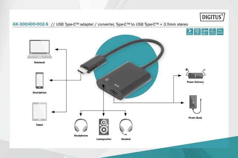 Assmann Electronic ASSMANN USB Type-C skirstytuvo kabelis, tipas C - 3,5 mm+type C M/F/F 0,2m Gen2 5A 10GB Vers. 3.1 CE bl Versija 3.1 CE bl