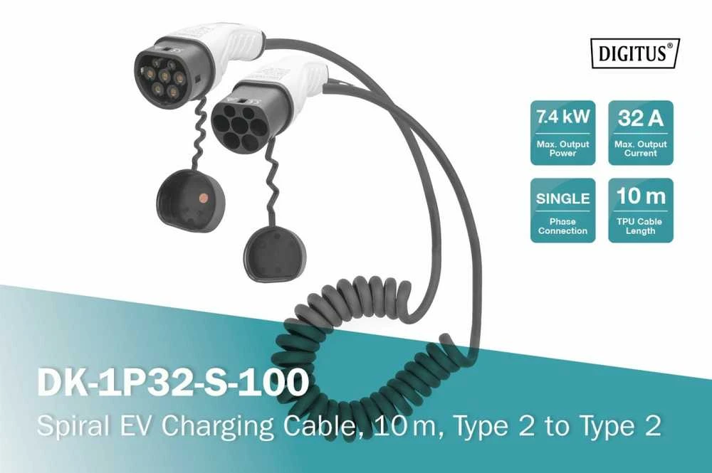 Spiralinis elektromobilio įkrovimo laidas Type 2, 10m