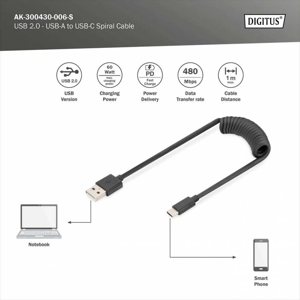 Digitus Skaitmenas | USB 2.0 tipo A į USB C spiralinis kabelis | AK-300430-006-S | USB-A į USB-C USB 2.0 Type A, kištukas | USB C, kištukas