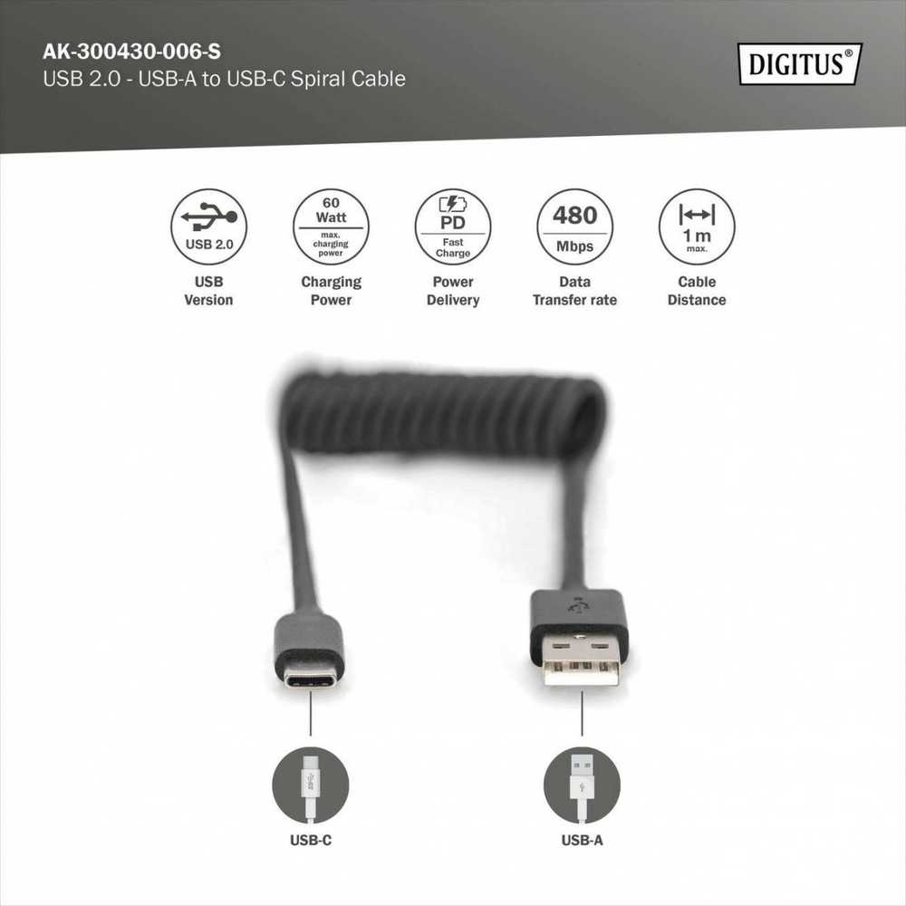 Digitus Skaitmenas | USB 2.0 tipo A į USB C spiralinis kabelis | AK-300430-006-S | USB-A į USB-C USB 2.0 Type A, kištukas | USB C, kištukas