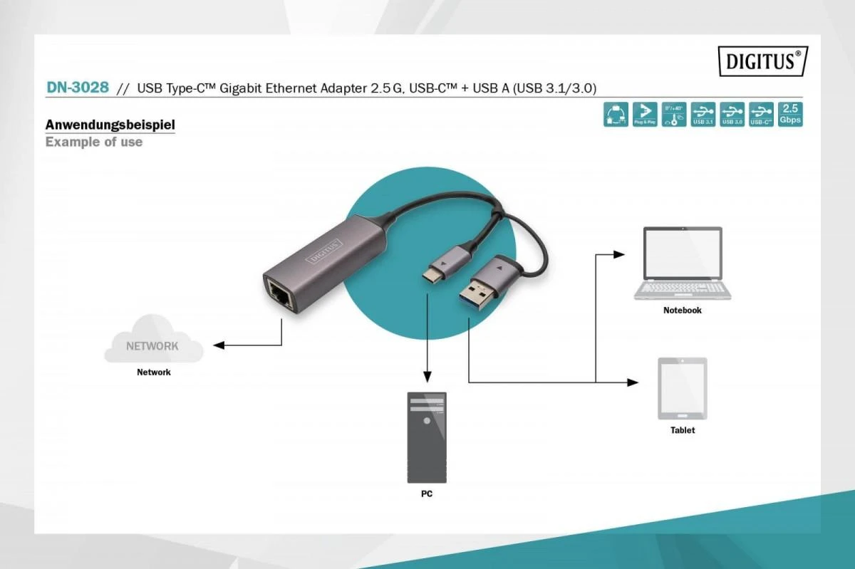 „Assmann“ elektroninis DIGITUS USB3.0 / USB C 3.1–2.5G eterneto adapteris