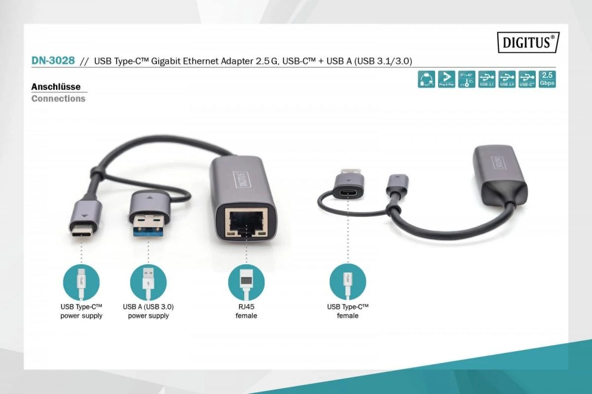 „Assmann“ elektroninis DIGITUS USB3.0 / USB C 3.1–2.5G eterneto adapteris