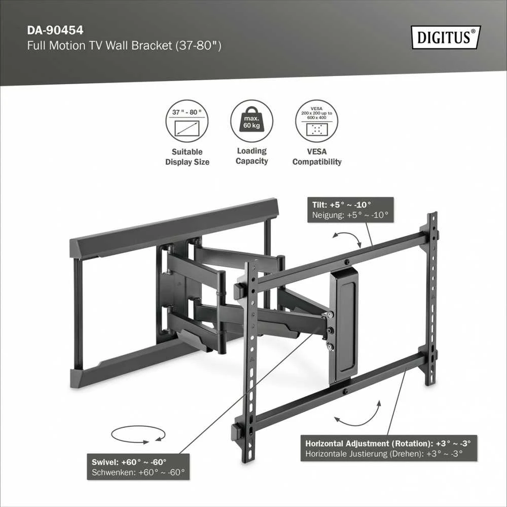 Digitus Skaitmenas | Sieninis laikiklis | 37-80 " | Maksimalus svoris (keliamoji galia) 60 kg | Juodas