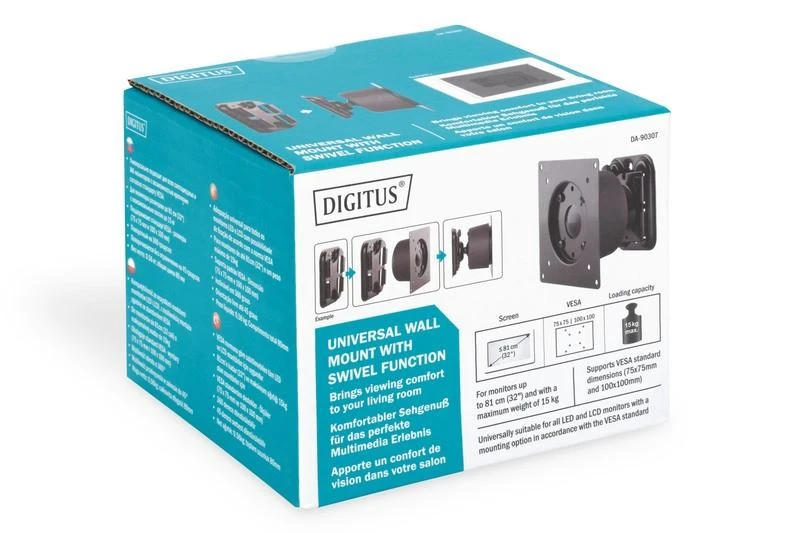 Assmann Electronic DIGITUS TFT sieninis laikiklis VESA Standartinis 75x75 + 100x100 max.15Kg Sieninis laikiklis juodas 35 laipsnių pasukamas ir 360 laipsnių pasukamas