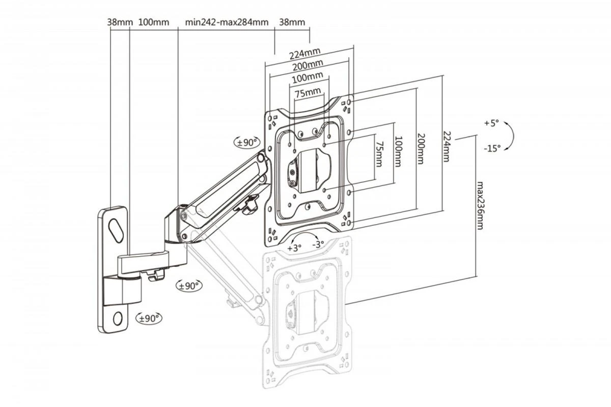 Laikiklis Assmann Electronic DIGITUS Single Gas Spring Monitorius Wall Mount 43inch 23vkg max juodas