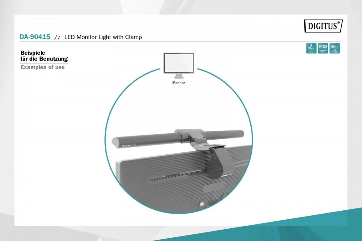 Sieninis šviestuvas Assmann Electronic DIGITUS LED Monitorius Bar Light 5W 250lm spaustukas juodas