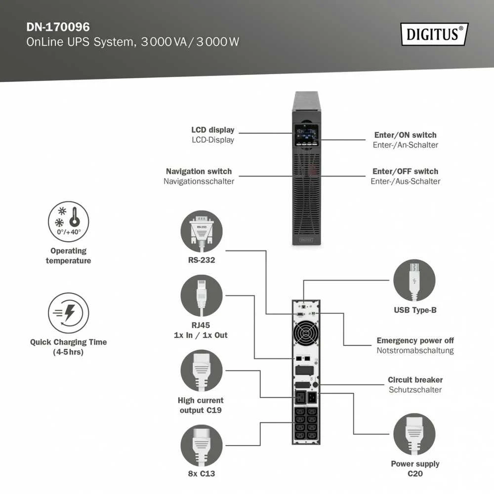 DIGITUS OnLine UPS, stelažas/bokštas, 3000VA, 3000W, LCD, 8 x C13, 1 x C19, RS-232, USB, SNMP kortelė (pasirinktinai), relės kortelė (pasirinktinai) | Skaitmenas | Internetinis UPS | DN-170096, 3000 VA / 3000 W | 3000 VA | 3000 W | C20