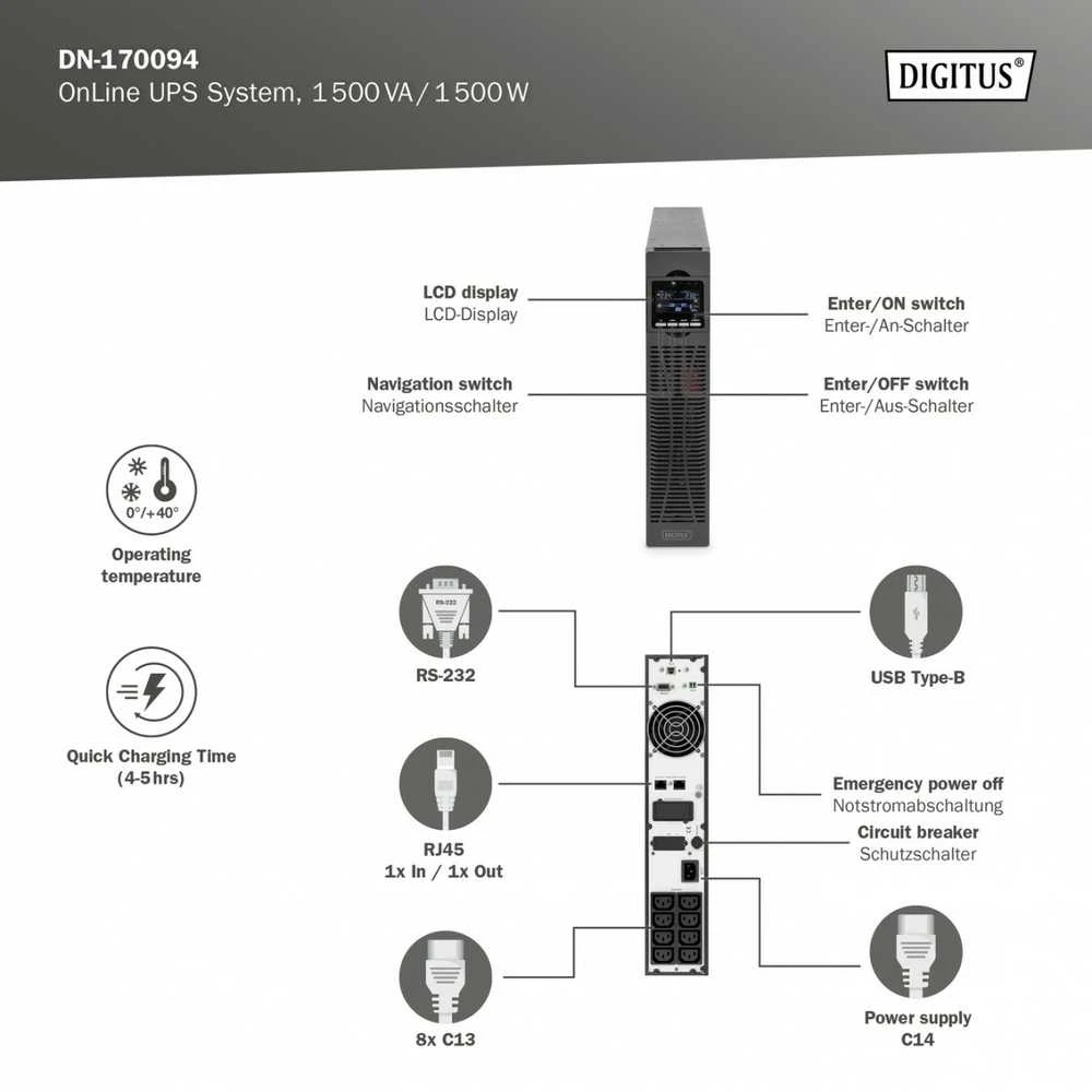 DIGITUS OnLine UPS, stovas/bokštas, 1500VA, 1500W, LCD, 8 x C13, 1 x C19, RS-232, USB, RJ45, SNMP kortelė (pasirinktinai), relės plokštė (pasirinktinai) | Skaitmenas | Internetinis UPS | OnLine UPS modulis, 1500VA/1500W | 1500 VA | 1500 W
