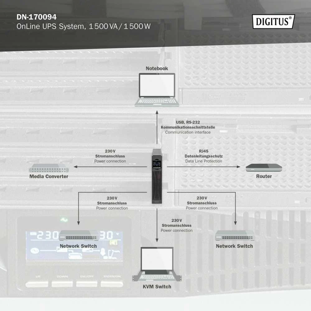 DIGITUS OnLine UPS, stovas/bokštas, 1500VA, 1500W, LCD, 8 x C13, 1 x C19, RS-232, USB, RJ45, SNMP kortelė (pasirinktinai), relės plokštė (pasirinktinai) | Skaitmenas | Internetinis UPS | OnLine UPS modulis, 1500VA/1500W | 1500 VA | 1500 W