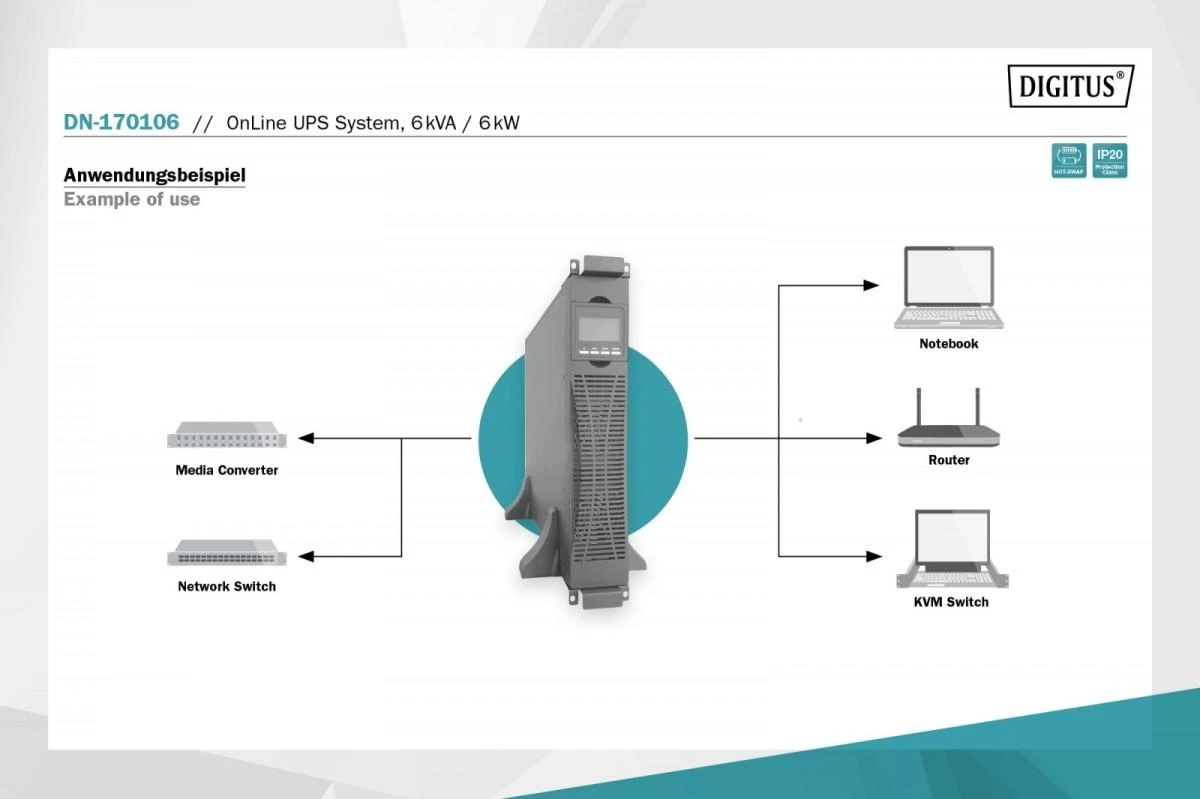 Digitus Skaitmenas | Internetinis UPS | OnLine UPS modulis DN-170106, 6000VA, 6000W, 2U, 1x USB 2.0 tipas B, 1x RS232, LCD, LED, Pure Sine Wave, 440x86.5x620mm, 14kg | 6000 VA | 6000 W