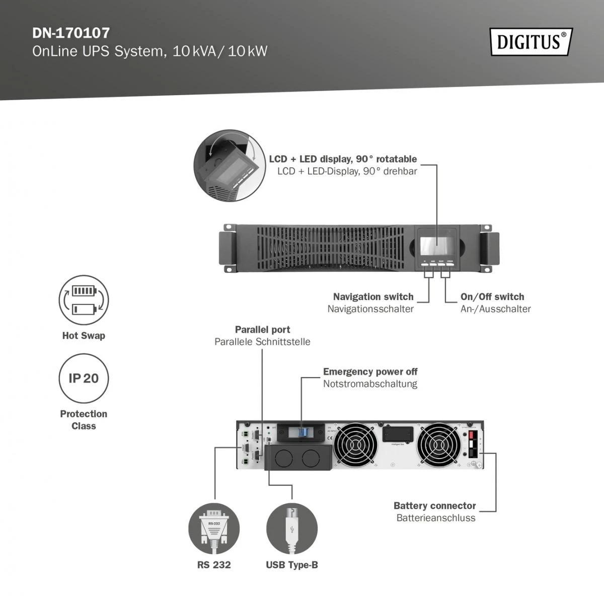Digitus | OnLine UPS | OnLine UPS Module DN-170107, 10000VA/10000W 2U LCD, LED, Pure Sine Wave, 86.5 x 440 mm x 620 mm, 18kg | 10000 VA | 10000 W