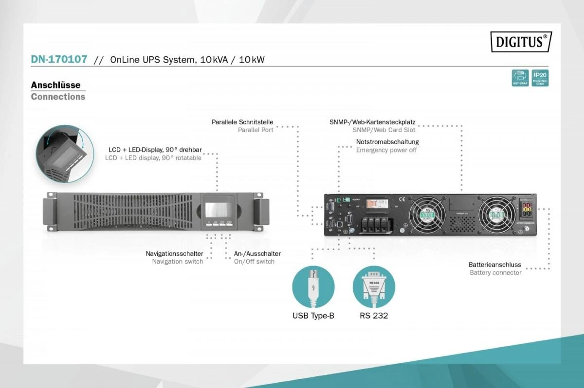 Digitus | OnLine UPS | OnLine UPS Module DN-170107, 10000VA/10000W 2U LCD, LED, Pure Sine Wave, 86.5 x 440 mm x 620 mm, 18kg | 10000 VA | 10000 W