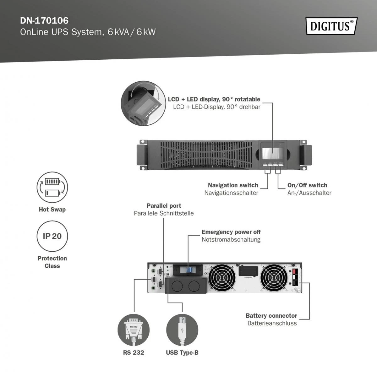 Digitus Skaitmenas | Internetinis UPS | OnLine UPS modulis DN-170106, 6000VA, 6000W, 2U, 1x USB 2.0 tipas B, 1x RS232, LCD, LED, Pure Sine Wave, 440x86.5x620mm, 14kg | 6000 VA | 6000 W