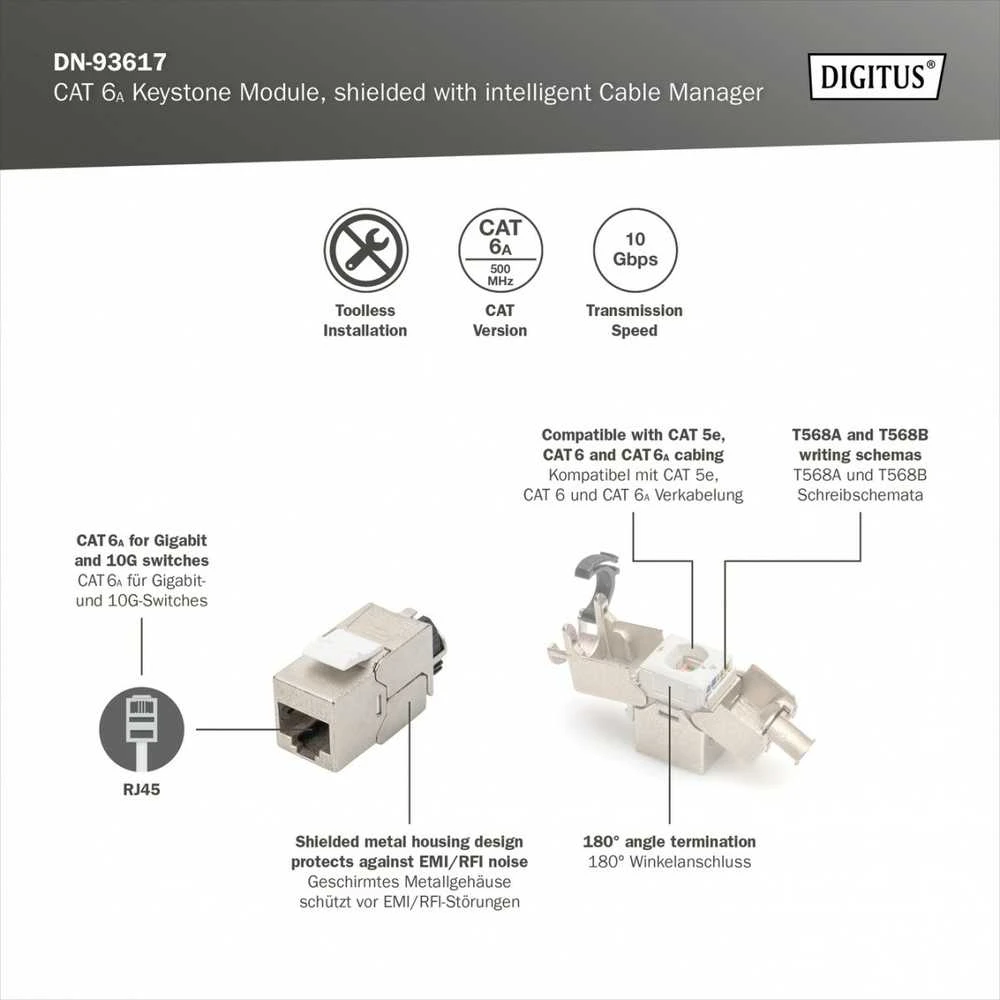 Assmann Electronic DIGITUS CAT 6A Keystone Jack ekranuotas 500 MHz pagal ISO/IEC 60603-7-51,11801 AMD2:2010-04 jungtis be įrankių