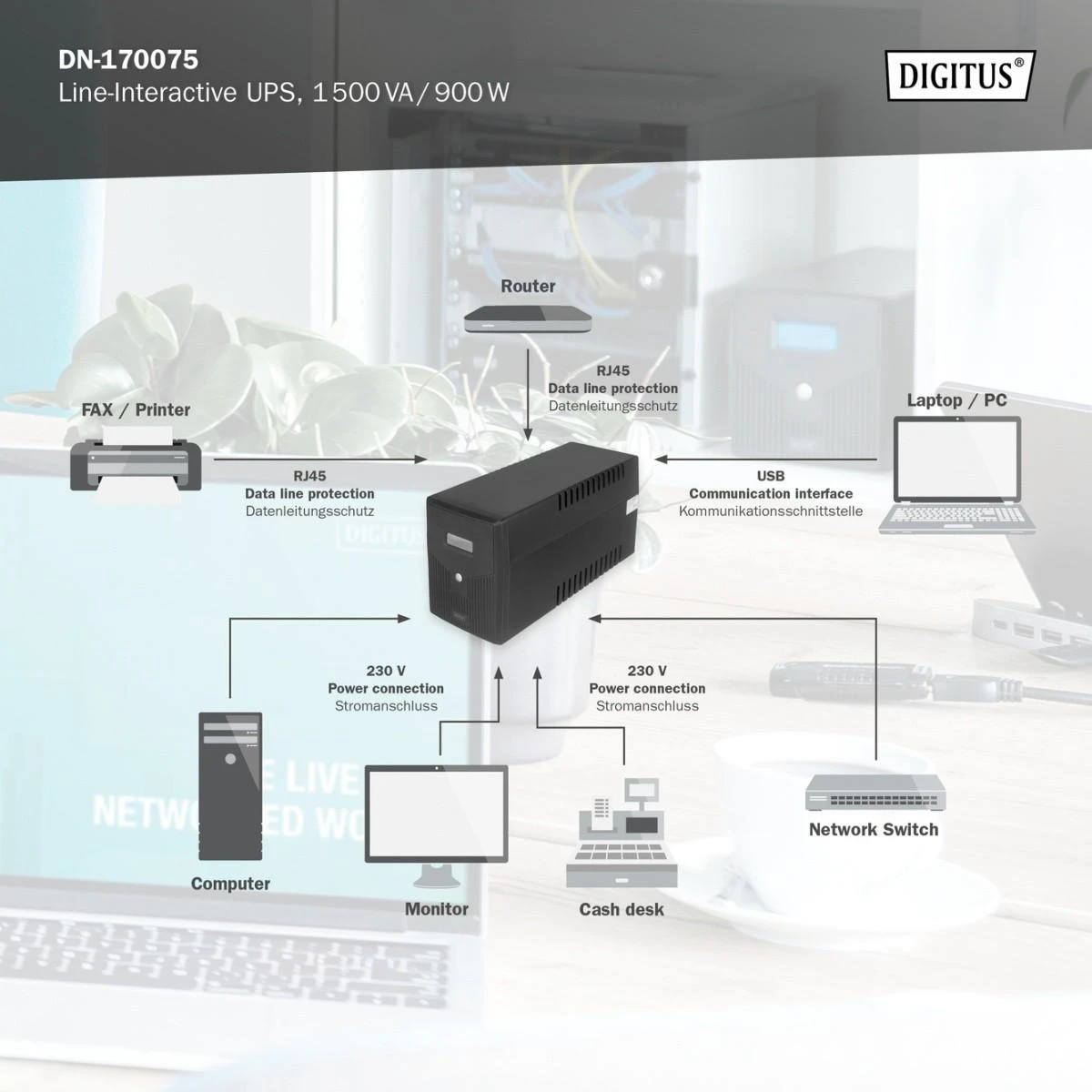 Assmann Electronic DIGITUS Line-Interactive UPS 1500VA/900W 12V/9Ah X2 baterija 4x CEE 7/7 AVR USB RS232 RJ-11/45 LCD ekranas