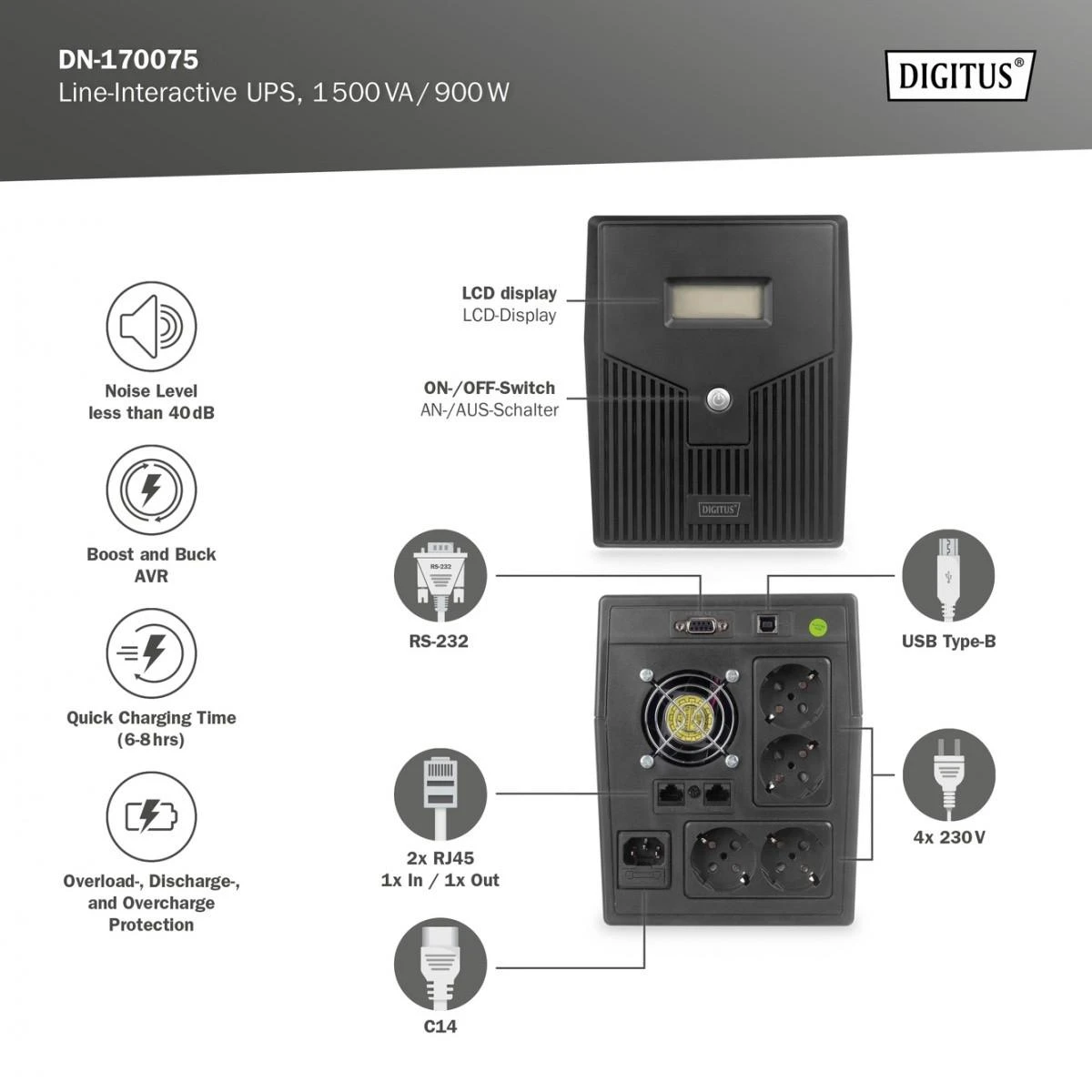 Assmann Electronic DIGITUS Line-Interactive UPS 1500VA/900W 12V/9Ah X2 baterija 4x CEE 7/7 AVR USB RS232 RJ-11/45 LCD ekranas