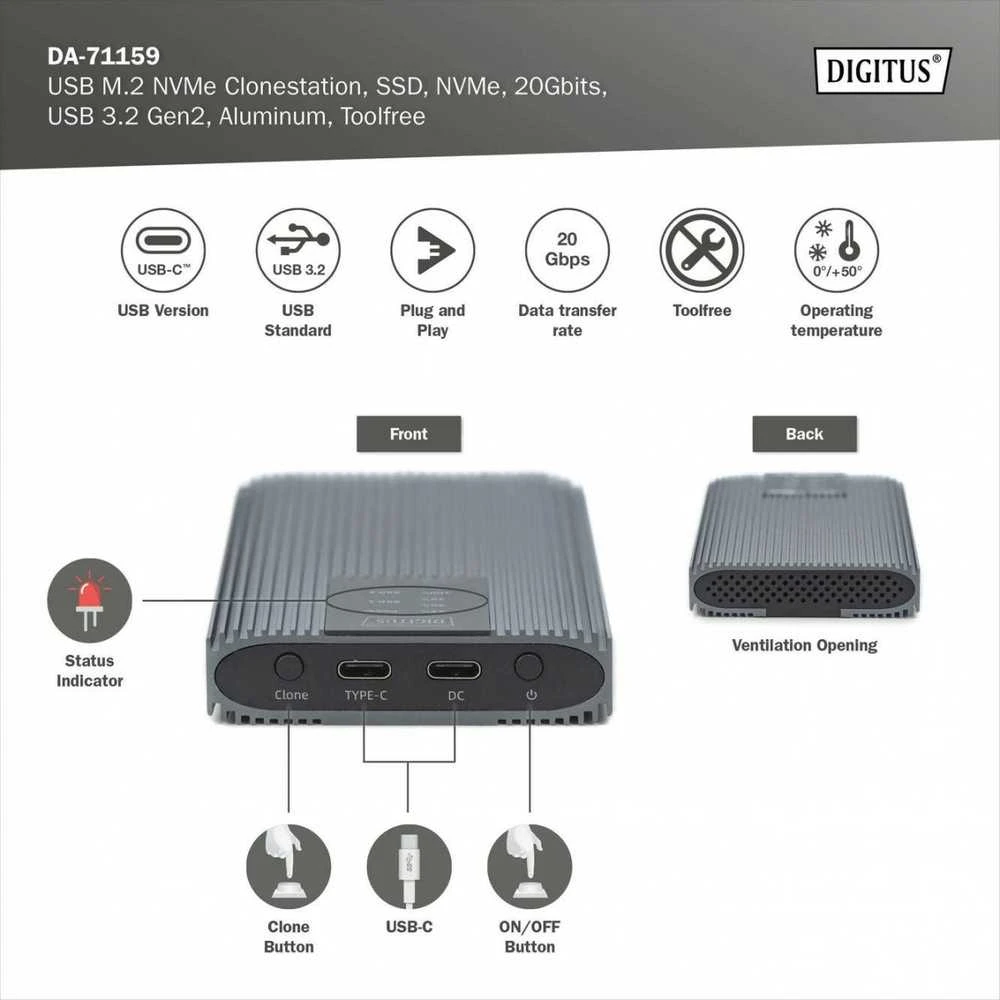 Assmann Electronic DIGITUS USB M.2 NVMe Clonestation SSD NVMe 20Gbits USB 3.2 Gen2 aliuminio be įrankių