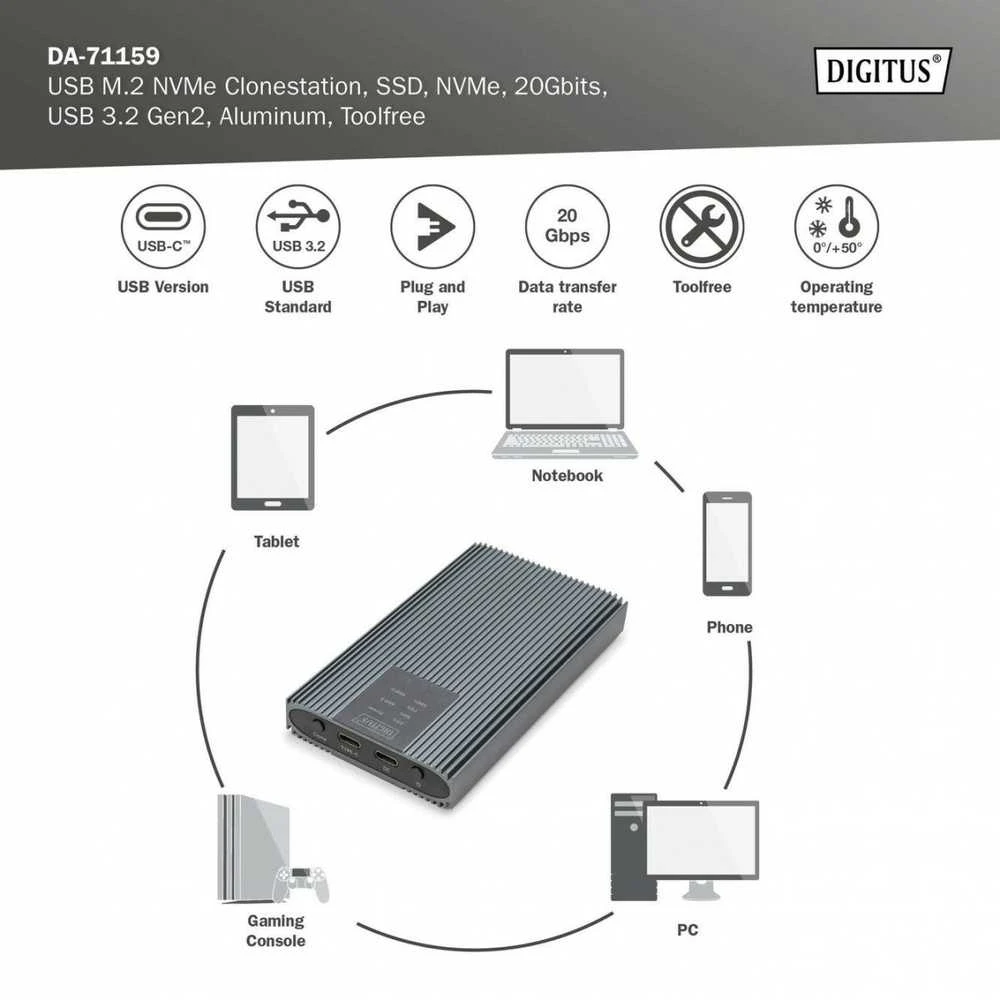 DIGITUS SSD NVMe stotelės sujungimo schema