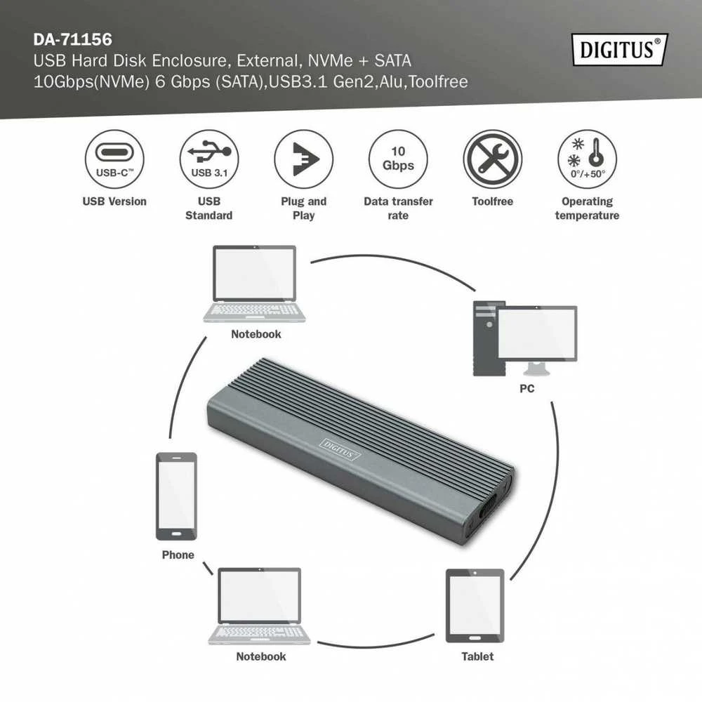 Digitus SSD korpuso sujungimų schema ir techninės specifikacijos