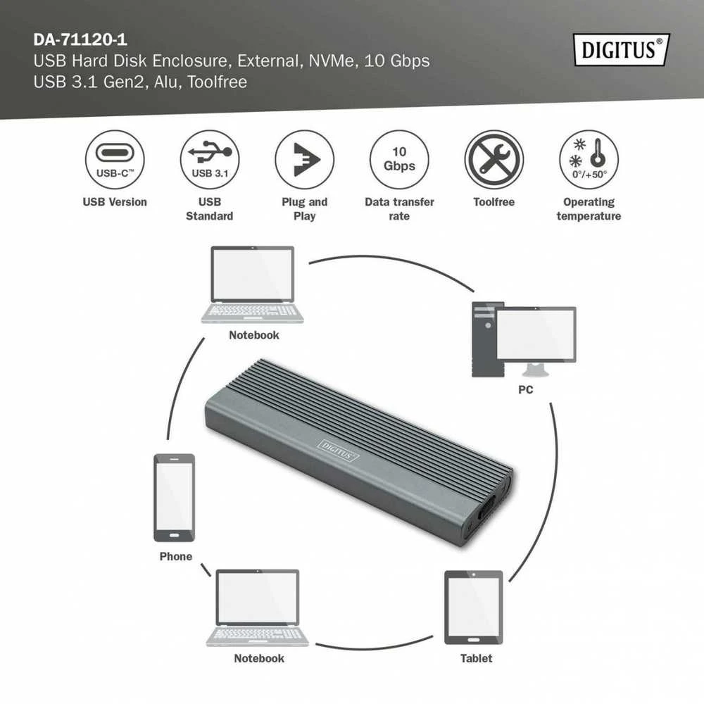 Digitus USB M.2 kietojo disko korpusas, SSD, išorinis, NVMe, 10Gbps, USB 3.1 Gen2 | DA-71120-1