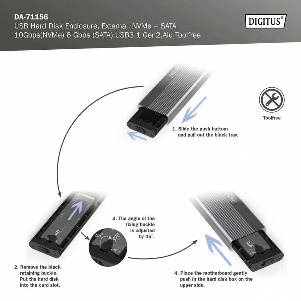 Digitus USB M.2 kietojo disko korpusas, SSD, išorinis, NVMe + SATA, 10Gbps (NVMe) 6 Gbps (SATA), USB3.1 Gen2 | DA-71156
