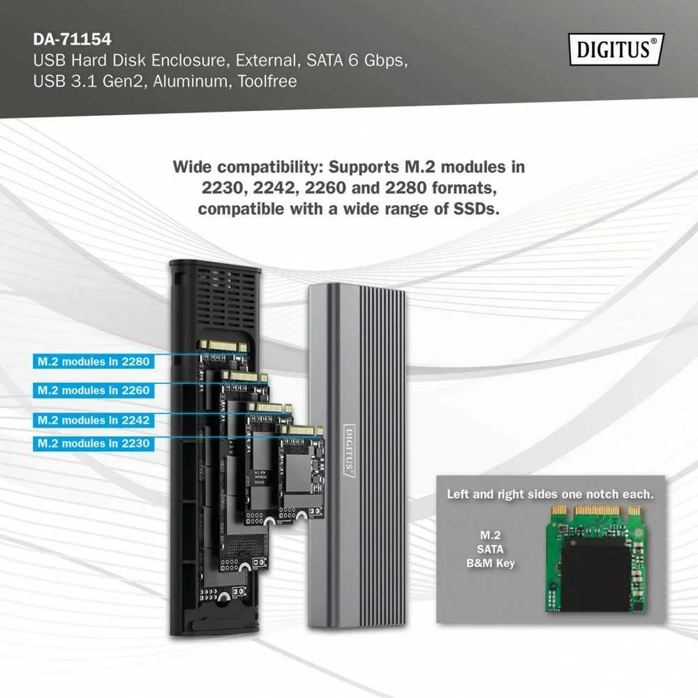 Digitus USB M.2 kietojo disko korpusas, SSD, išorinis, SATA, 6Gbps, USB 3.1 Gen2 | DA-71154