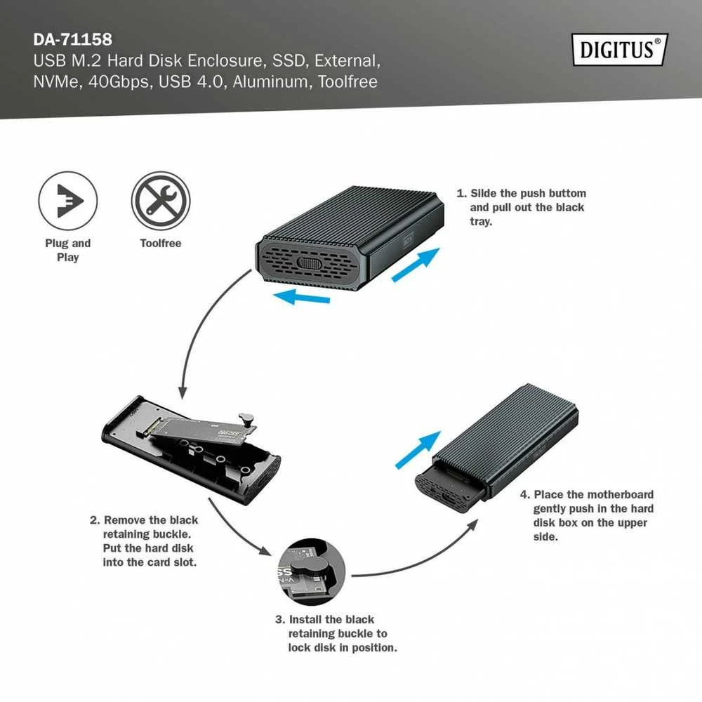 „Assmann Electronic DIGITUS USB M.2“ kietojo disko korpusas SSD išorinis NVMe 40Gbps USB 4.0 aliuminis be įrankių