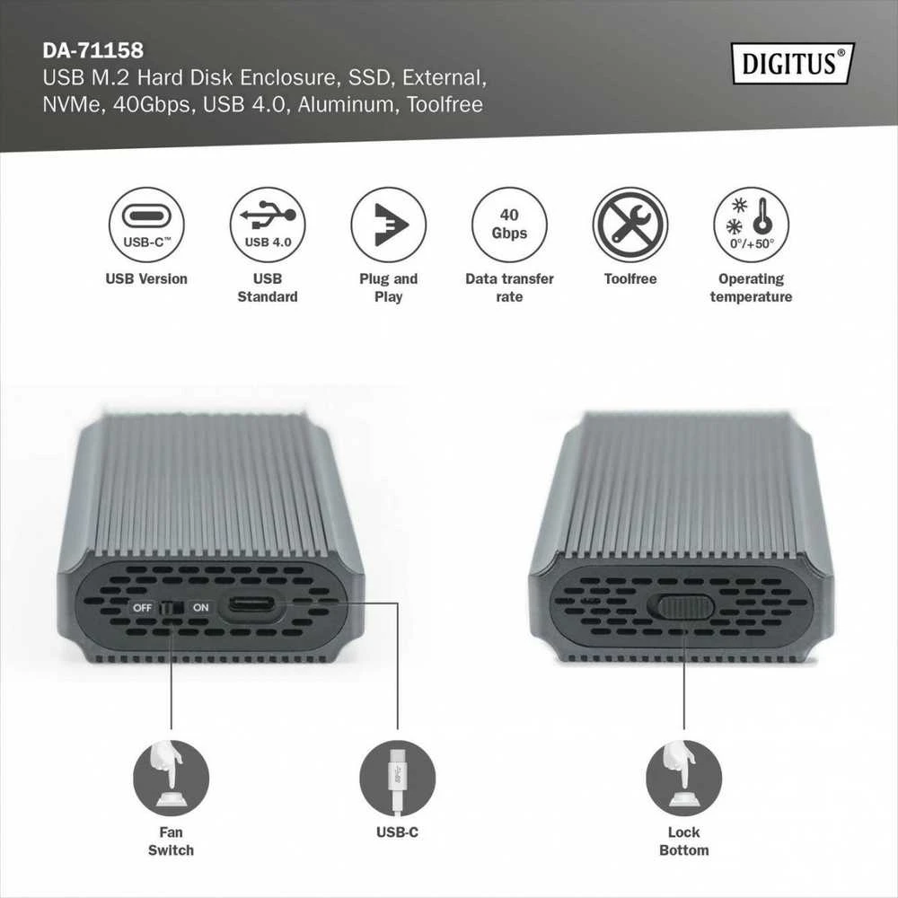 „Assmann Electronic DIGITUS USB M.2“ kietojo disko korpusas SSD išorinis NVMe 40Gbps USB 4.0 aliuminis be įrankių