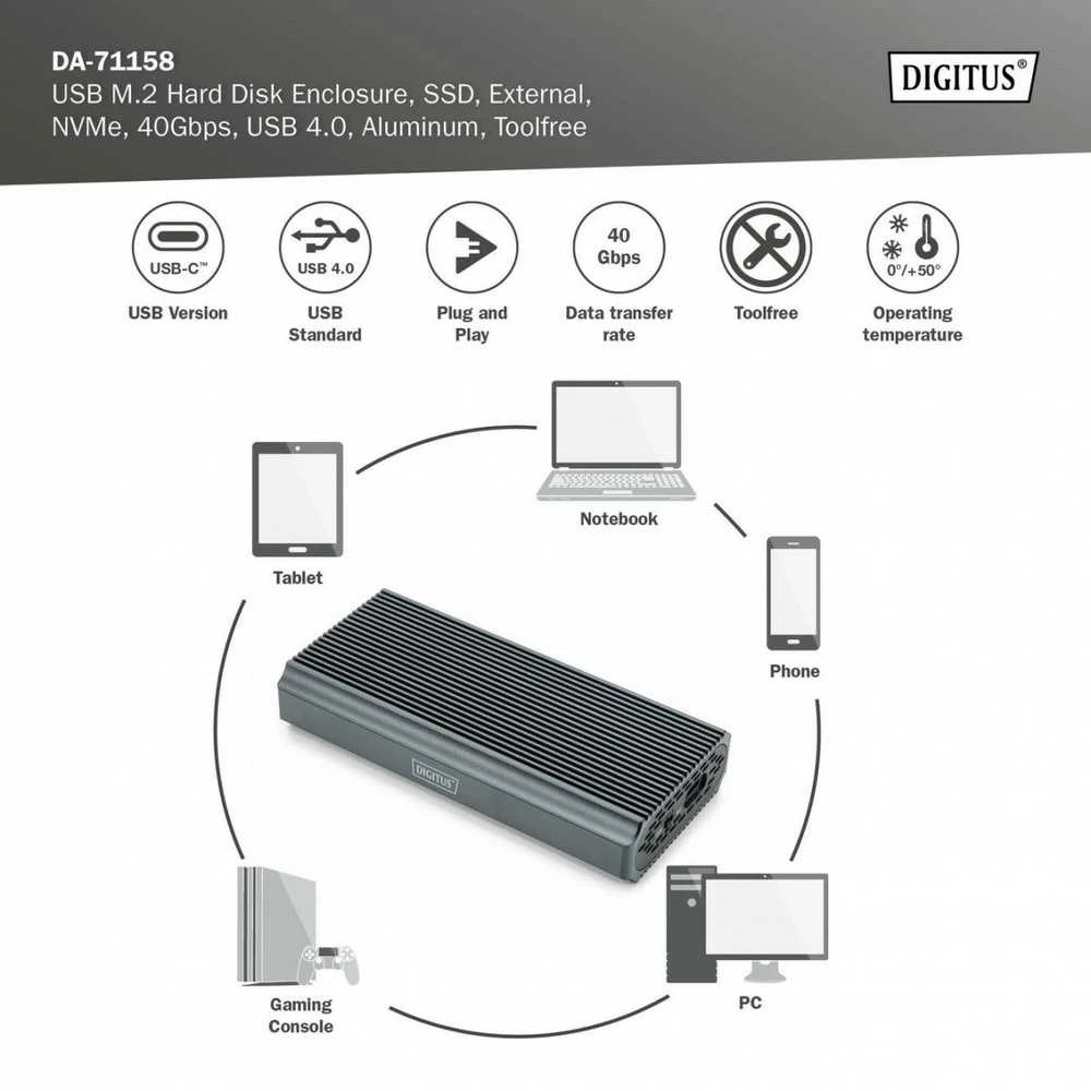„Assmann Electronic DIGITUS USB M.2“ kietojo disko korpusas SSD išorinis NVMe 40Gbps USB 4.0 aliuminis be įrankių