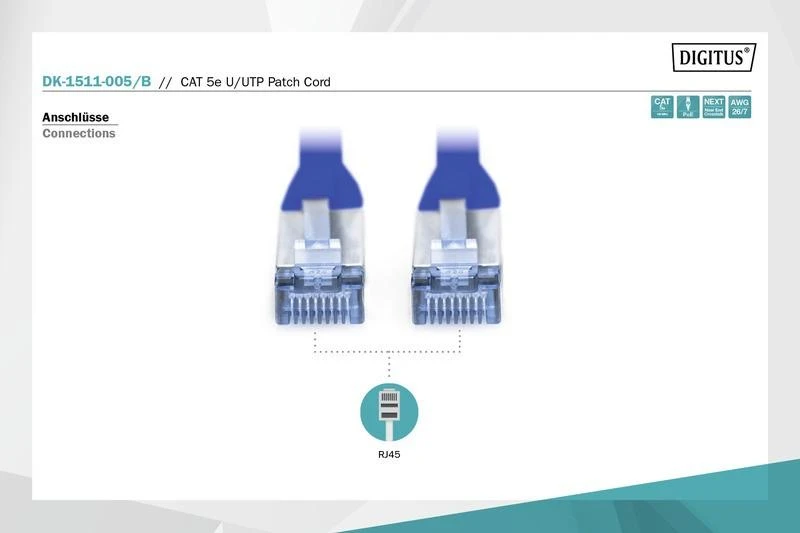 Digitus Patch cord kat.5e UTP, CU, AWG 26/7 0,5m Mėlyna