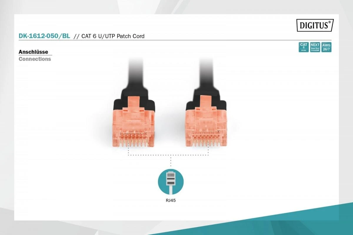 DIGITUS DK-1612-050/BL Premium CAT 6 UTP patch kabelis Ilgis 5,0m Spalva juodas