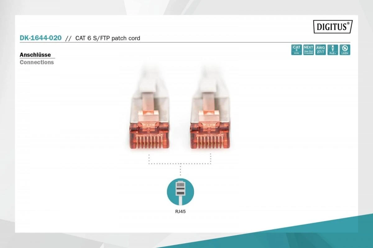 Assmann Electronic DIGITUS Patch kabelis SFTP CAT6 2m pilkas 4x2AWG 27/7 2xRJ45