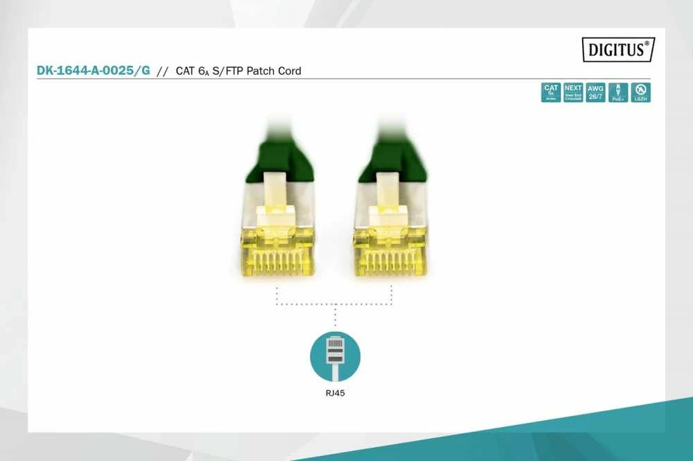 Digitus Kabelis krosowy patch cord RJ45-RJ45, kat.6A, S/FTP, AWG 26/7, LSOH, 0,25 m, žalias